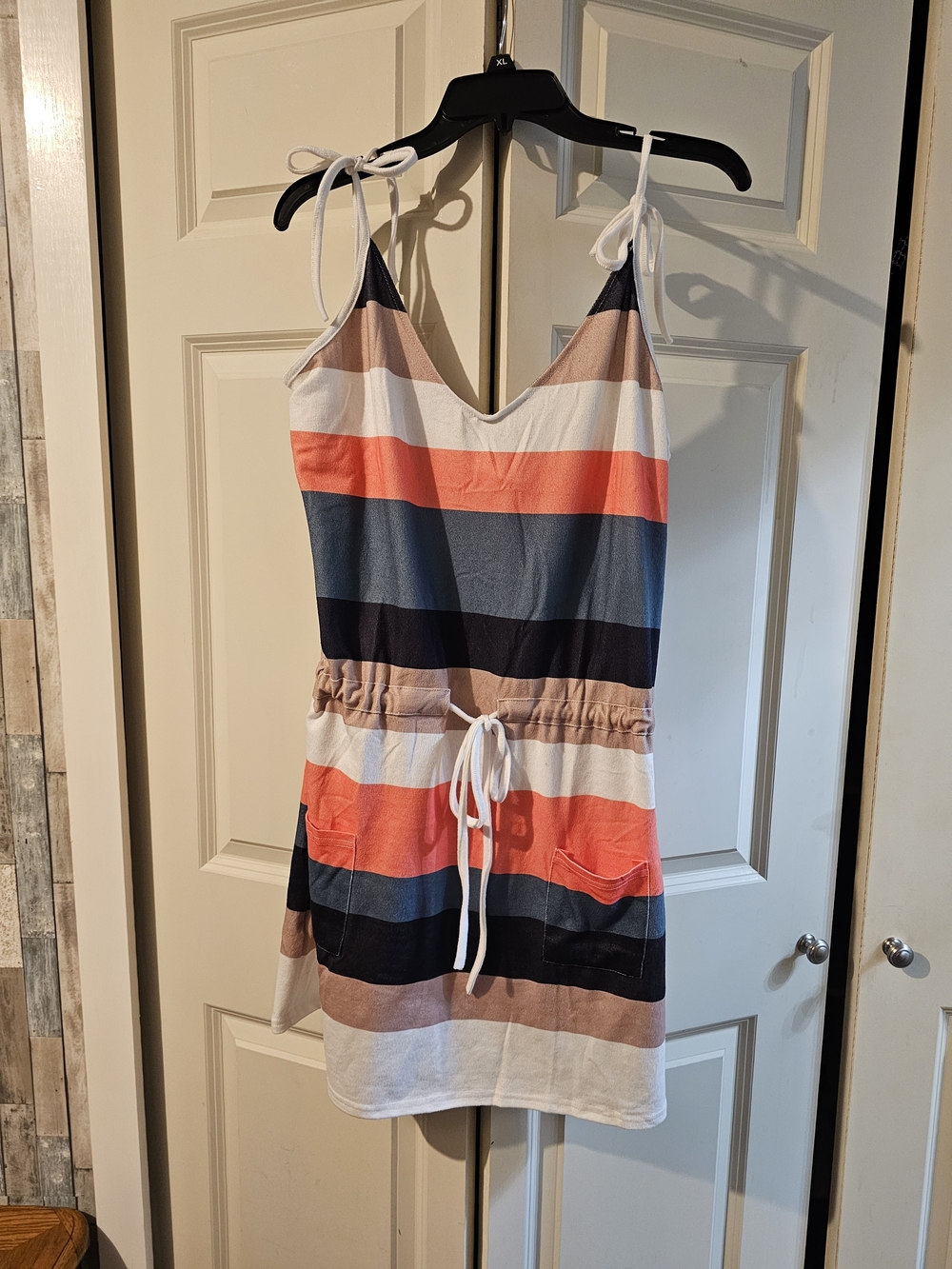 Striped Tie-Shoulder Woman's  One-Piece Dress in Coral, Navy & Tan 3xl